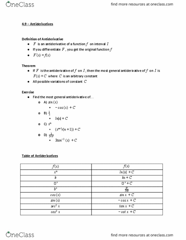 MATH1051 Lecture Notes - Lecture 1: Quotient Rule, Antiderivative, Product Rule thumbnail
