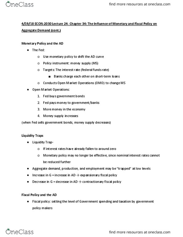 ECON 2030 Lecture Notes - Lecture 24: Monetary Policy, Aggregate Demand, Government Spending thumbnail