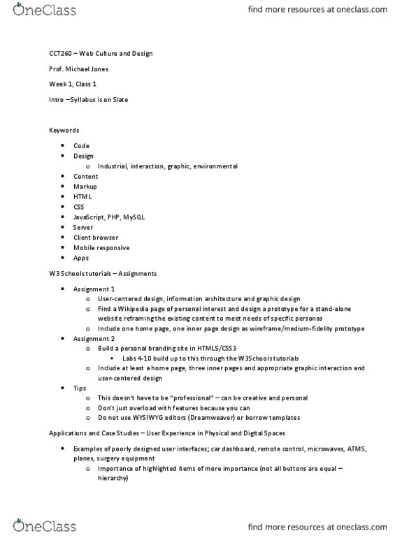 CCT260H5 Lecture Notes - Lecture 1: Usability, W3Schools, Wysiwyg thumbnail