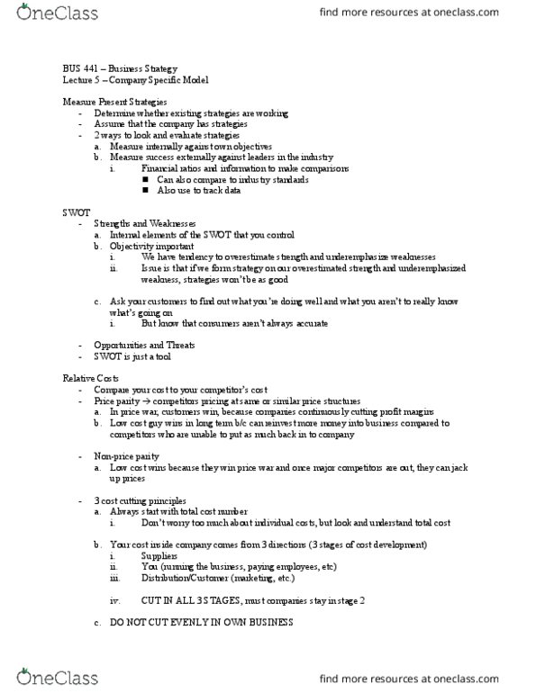 BUS 441 Lecture Notes - Lecture 5: Swot Analysis thumbnail