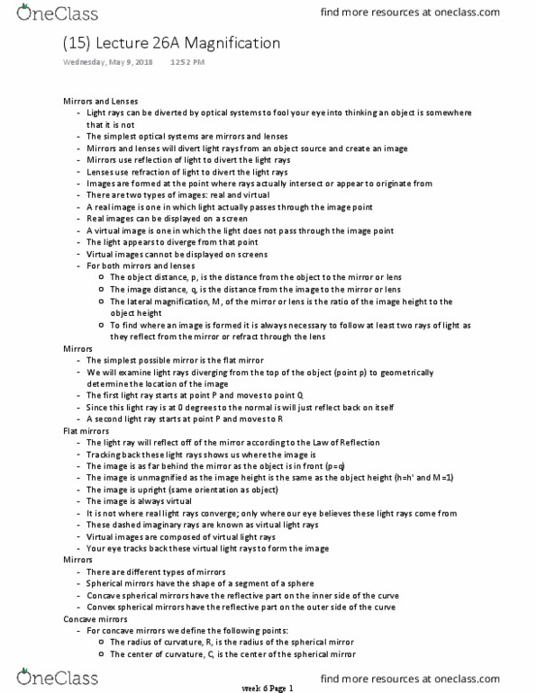 PHYS 1C Lecture Notes - Lecture 15: Real Image, Sign Convention, Virtual Light thumbnail