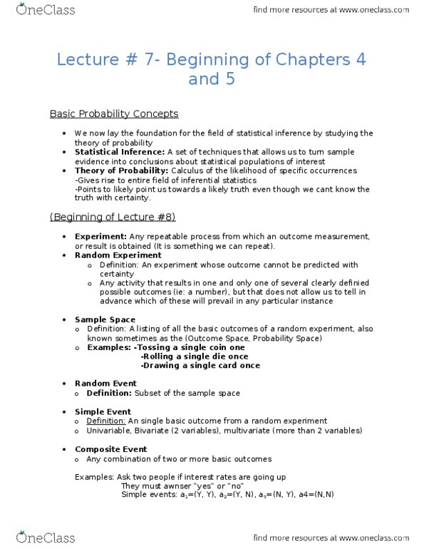 ECON 2B03 Chapter Notes - Chapter 4: Collectively Exhaustive Events, Empirical Probability, Statistical Inference thumbnail