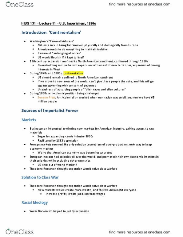 HIUS 131 Lecture Notes - Lecture 11: Class Conflict, Panic Of 1893, Social Darwinism thumbnail