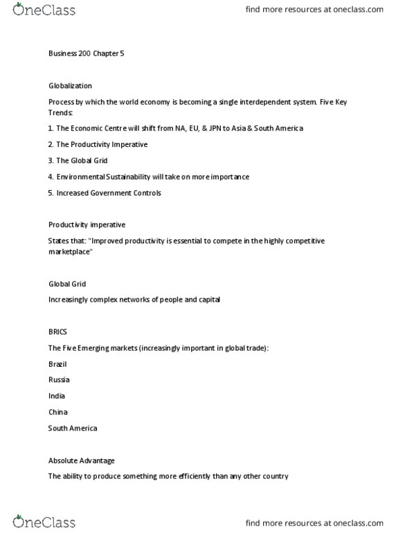 BUS 200 Chapter Notes - Chapter 5: Emerging Markets, Foreign Direct Investment, General Agreement On Tariffs And Trade thumbnail