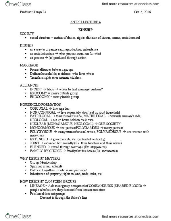 ANT207H1 Lecture Notes - Lecture 4: Patrilineality, Kinship, Stepfamily thumbnail