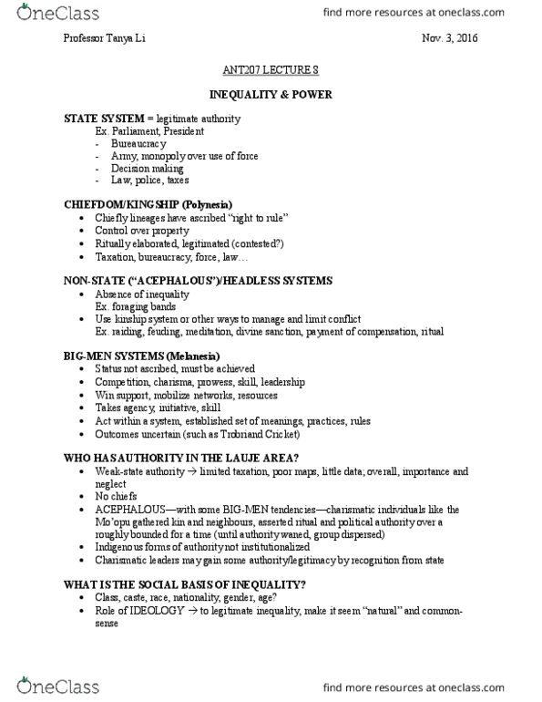 ANT207H1 Lecture Notes - Lecture 8: Charismatic Authority, Endogamy, Decision-Making thumbnail