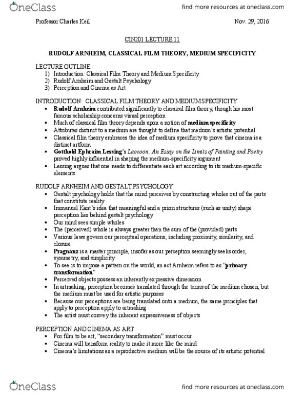 CIN201Y1 Lecture Notes - Lecture 11: Rudolf Arnheim, Medium Specificity, Film Theory thumbnail