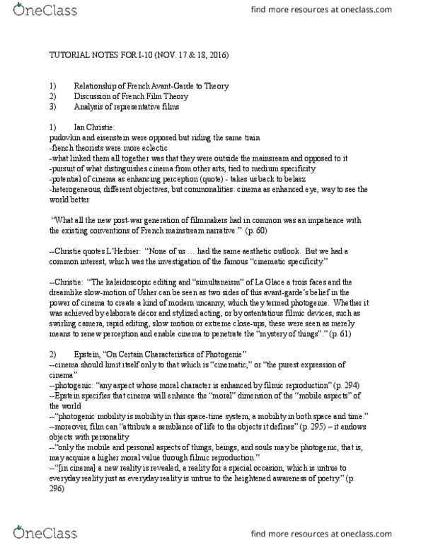 CIN201Y1 Lecture Notes - Lecture 20: Cinematic Techniques, Medium Specificity, Continuity Editing thumbnail