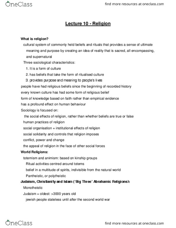 SOCY1050 Lecture Notes - Lecture 10: Abrahamic Religions, Totem, Social Forces thumbnail