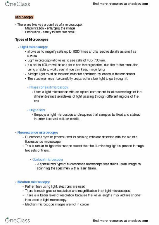 BIO1011 Lecture Notes - Lecture 3: Phase-Contrast Microscopy, Confocal Microscopy, Scanning Electron Microscope thumbnail