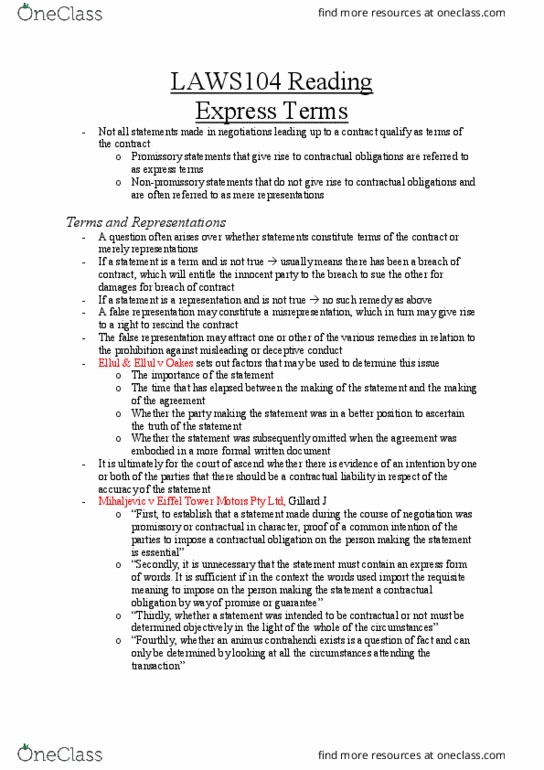 LAWS104 Chapter Notes - Chapter 10: Parol Evidence Rule, Collateral Contract, Undue Influence thumbnail