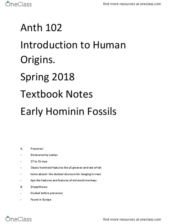 ANTH 102 Chapter Notes - Chapter 19: Chororapithecus, Dryopithecus, Ape thumbnail