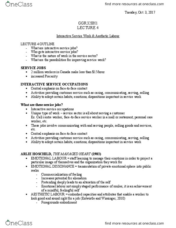 GGR328H1 Lecture Notes - Lecture 4: Emotional Labor, Precarity, Call Centre thumbnail