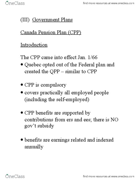 Actuarial Science 1021A/B Lecture Notes - Disability Pension, 6 Years, Canada Pension Plan thumbnail