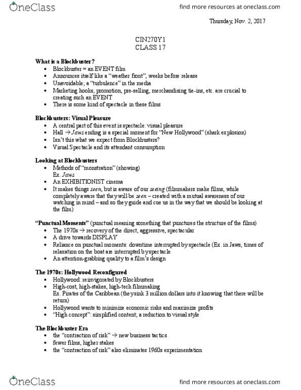 CIN270Y1 Lecture Notes - Lecture 17: New Hollywood, High-Concept, High Tech thumbnail