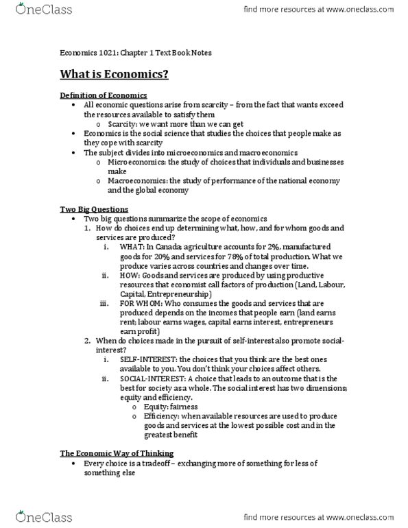 Economics 1021A/B Chapter Notes - Chapter 1: Macroeconomics, Marginal Cost, Opportunity Cost thumbnail