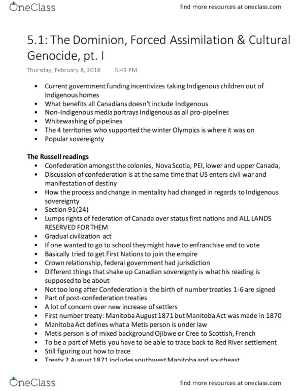 POLI 340 Lecture Notes - Lecture 5: Manitoba Act, Treaty 2, Treaty 6 thumbnail