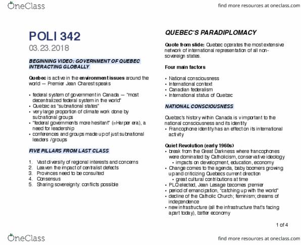 POLI 342 Lecture Notes - Lecture 11: Jean Charest, Jean Lesage, Government Of Quebec thumbnail