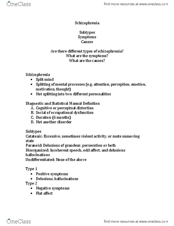 Psychology 1000 Lecture Notes - Neurotransmitter, Schizophrenia, Thought Insertion thumbnail
