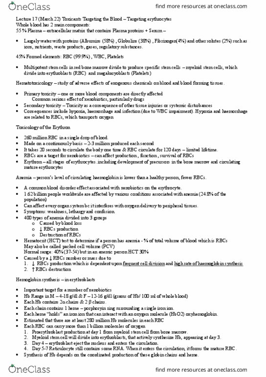 PHAR 303 Lecture Notes - Lecture 17: Bone Marrow, Nucleated Red Blood Cell, Serum Iron thumbnail