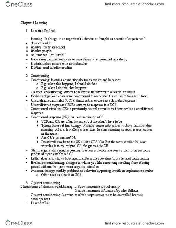 PSY 102 Lecture Notes - Lecture 6: Aversion Therapy, Vomiting, Classical Conditioning thumbnail