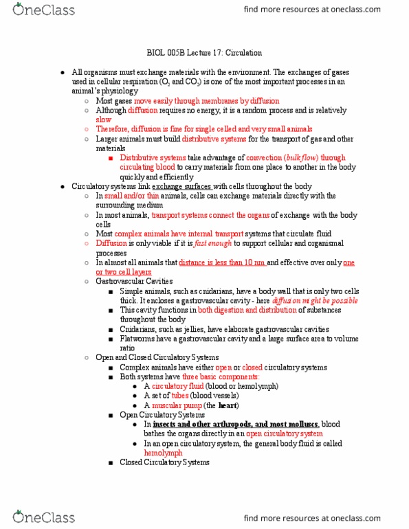 BIOL 005B Lecture Notes - Lecture 17: Gastrovascular Cavity, Hemolymph, Cellular Respiration thumbnail