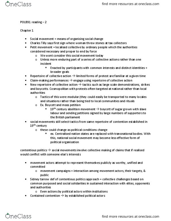 POLB91H3 Lecture Notes - Lecture 2: Sidney Tarrow, Social Movement, Social Control thumbnail