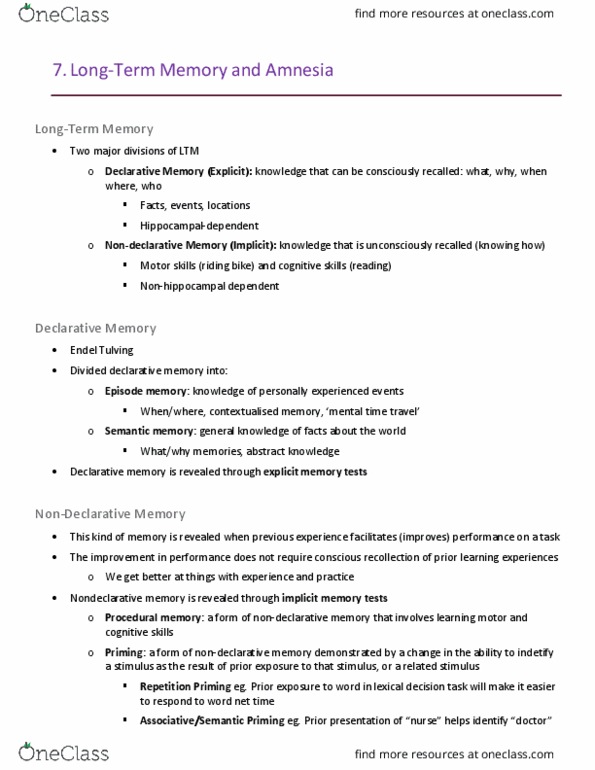 PSYC10003 Lecture Notes - Lecture 30: Explicit Memory, Implicit Memory, Episodic Memory thumbnail