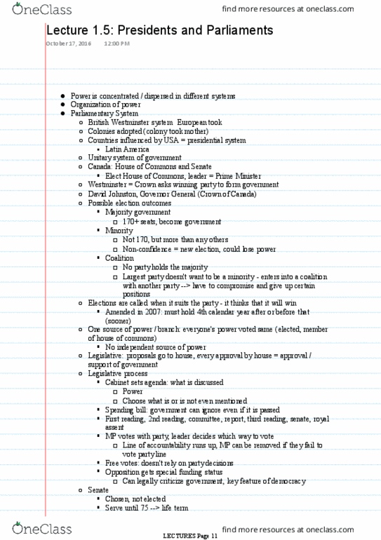 POL101Y1 Lecture Notes - Lecture 5: Westminster System, Presidential System, Majority Government thumbnail