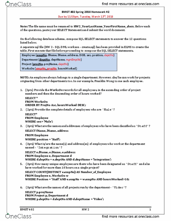 BMGT 402 Lecture Notes - Lecture 2: Database Normalization, Alphabetical Order thumbnail