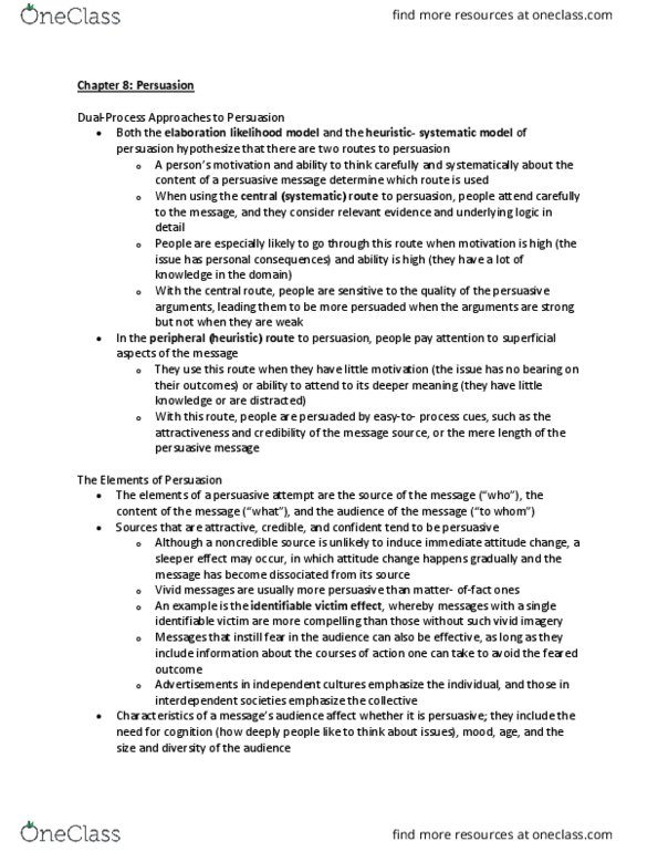 PSYB10H3 Chapter Notes - Chapter 8: Elaboration Likelihood Model, Public Service Announcement, Metacognition thumbnail