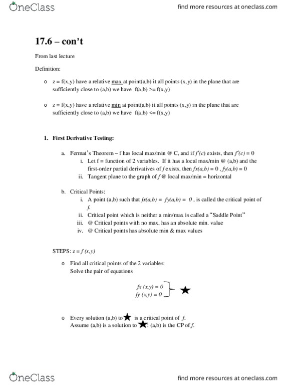 MATA33H3 Lecture Notes - Lecture 20: Tangent Space, Minimax, Saddle Point thumbnail