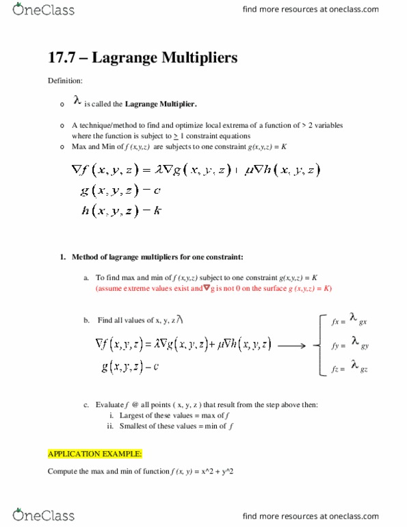 MATA33H3 Lecture Notes - Lecture 21: Lagrange Multiplier thumbnail