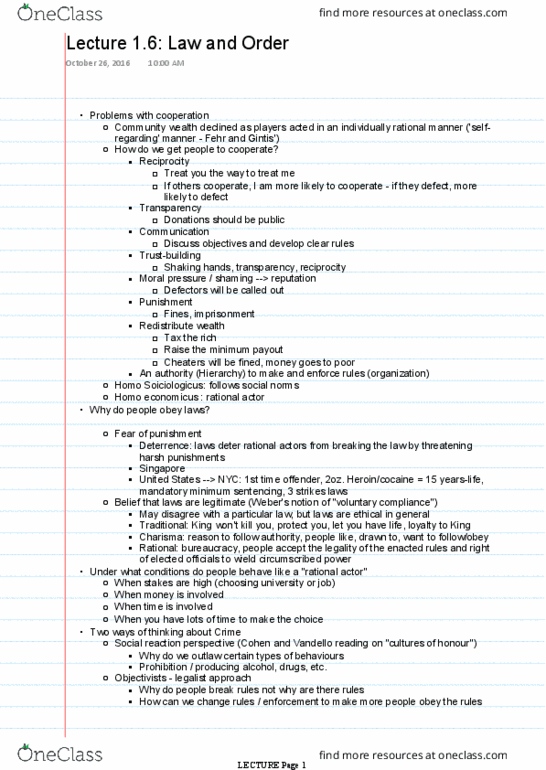 WDW151H1 Lecture Notes - Lecture 6: Mandatory Sentencing, Homo Economicus, Rational Agent thumbnail