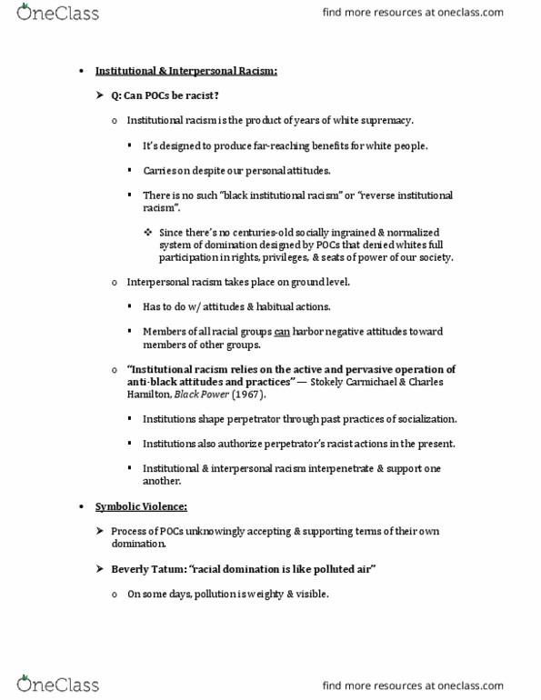 SOC 209 Lecture Notes - Lecture 20: Stokely Carmichael, Institutional Racism, White Supremacy thumbnail