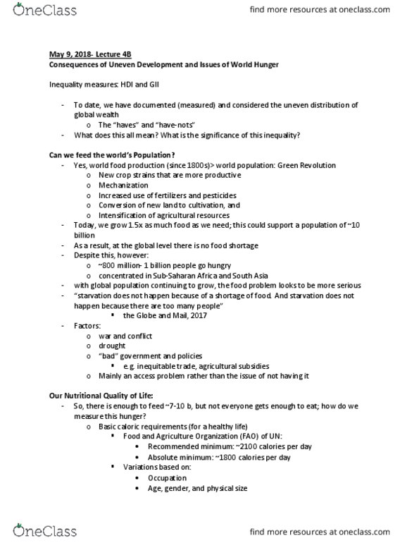 GEOG 1HB3 Lecture Notes - Lecture 4: Sub-Saharan Africa, Human Development Index, Malnutrition thumbnail