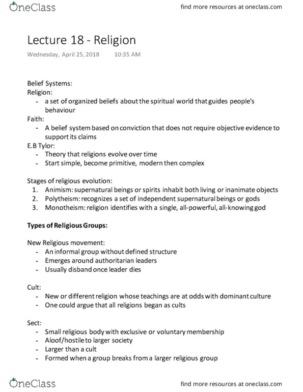 SOCIOL 1Z03 Lecture Notes - Lecture 18: Polytheism, Edward Burnett Tylor, Protestantism thumbnail