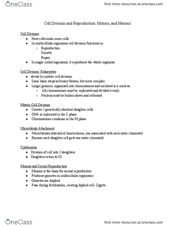 BIOL 1030H Lecture Notes - Lecture 5: Kinetochore, Microtubule, S Phase thumbnail