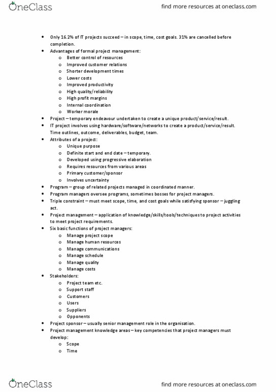 FIT2002 Lecture Notes - Lecture 1: Project Management, Project Charter, Project Management Office thumbnail