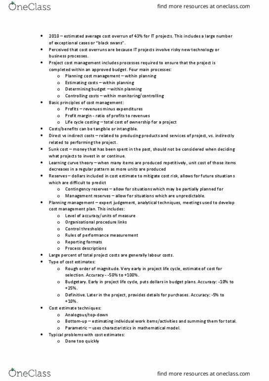 FIT2002 Lecture Notes - Lecture 6: Whole-Life Cost, Cost Overrun, Cost Estimate thumbnail