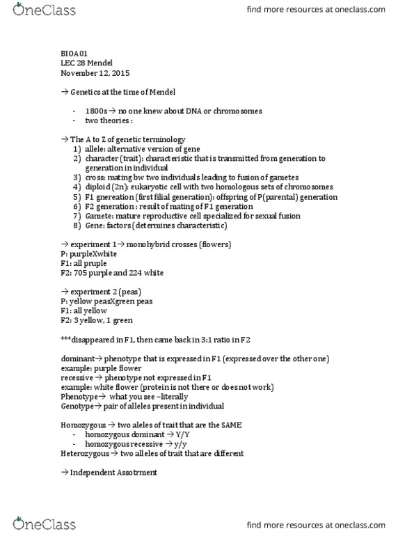 BIOA01H3 Lecture Notes - Lecture 28: Gamete, Phenotype, Design Of Experiments thumbnail