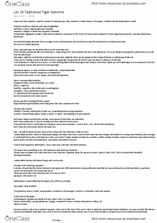 Biology 3594A Lecture Notes - Lecture 16: Microsatellite Instability, Synonymous Substitution, Genotoxicity thumbnail