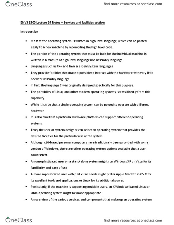 ENVS 1500 Lecture Notes - Lecture 24: Application Programming Interface, Network Management, Memory Management thumbnail