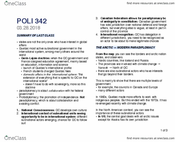 POLI 319 Lecture Notes - Lecture 2: Paradiplomacy, Arctic Council, Nordic Council thumbnail