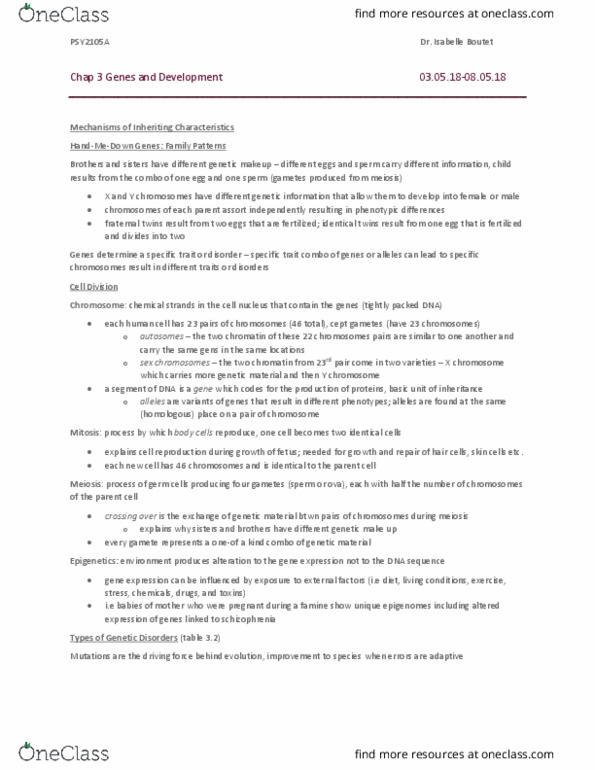 PSY 2105 Chapter Notes - Chapter 3: Twin, Y Chromosome, Mendelian Inheritance thumbnail