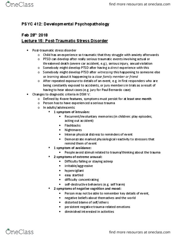 PSYC 412 Lecture Notes - Lecture 6: Posttraumatic Stress Disorder, Cognitive Behavioral Therapy, Paul Bernardo thumbnail