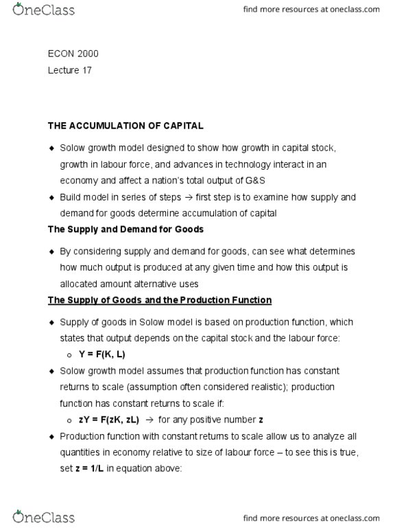 ECON 2000 Lecture Notes - Lecture 17: The Accumulation Of Capital, Production Function, Marginal Product thumbnail