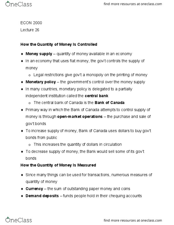 ECON 2000 Lecture Notes - Lecture 26: Fiat Money, Monetary Policy, Openmarket thumbnail
