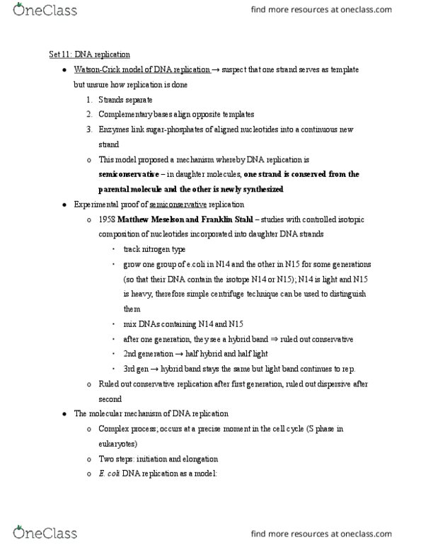 BIOL239 Lecture Notes - Lecture 11: Matthew Meselson, Semiconservative Replication, Franklin Stahl thumbnail