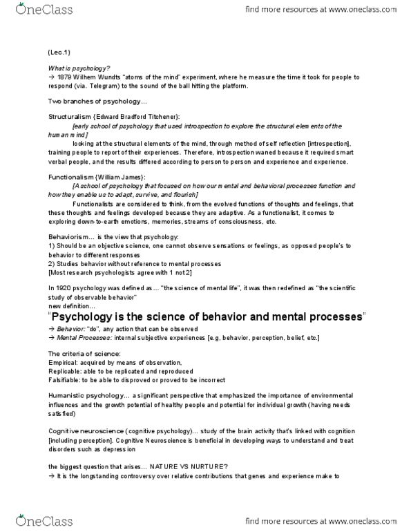 PSYCH101 Lecture Notes - Edward B. Titchener, Cognitive Neuroscience, Humanistic Psychology thumbnail